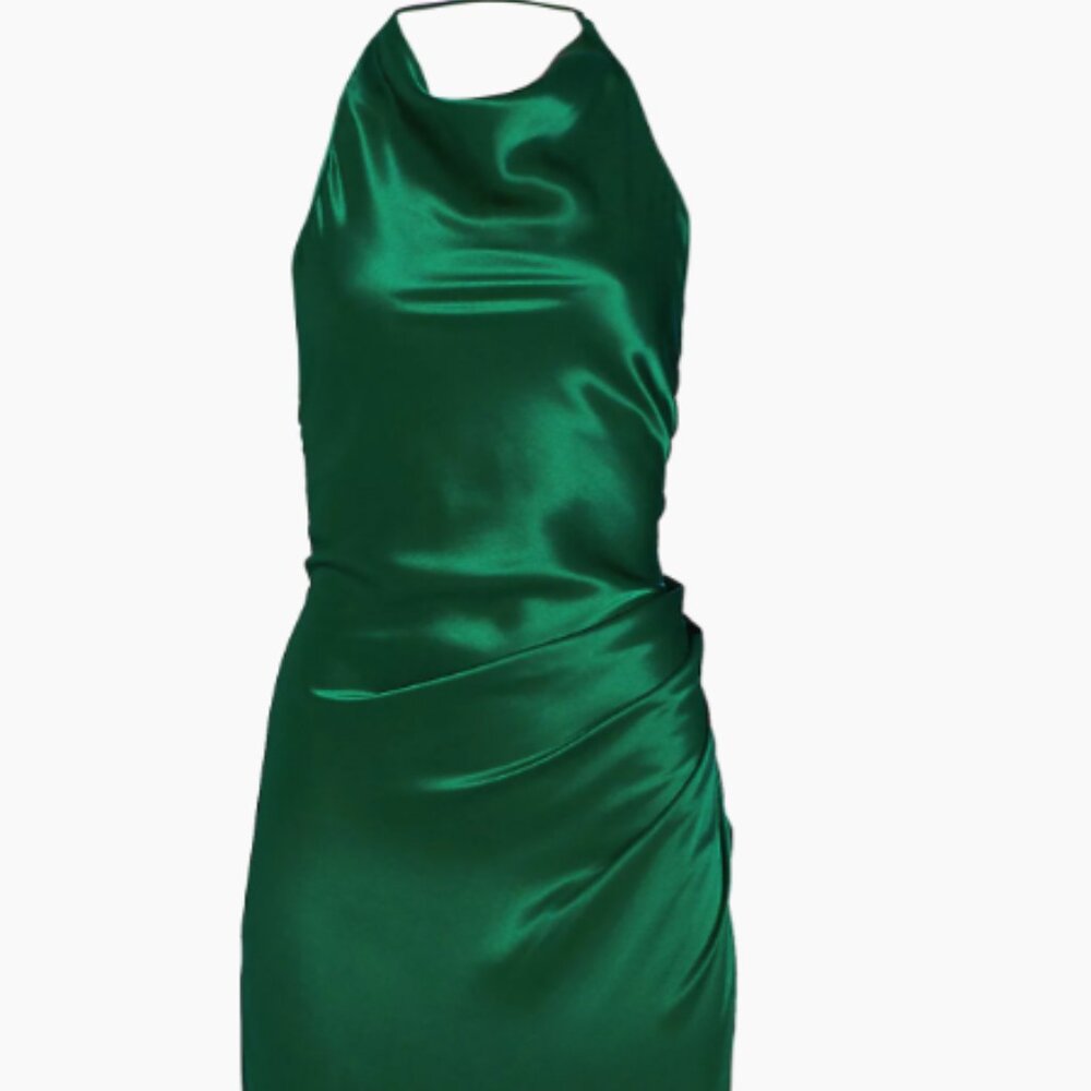 Amanda Uprichard Elektra Gathered Silk Halter Gown in Green, Size Small